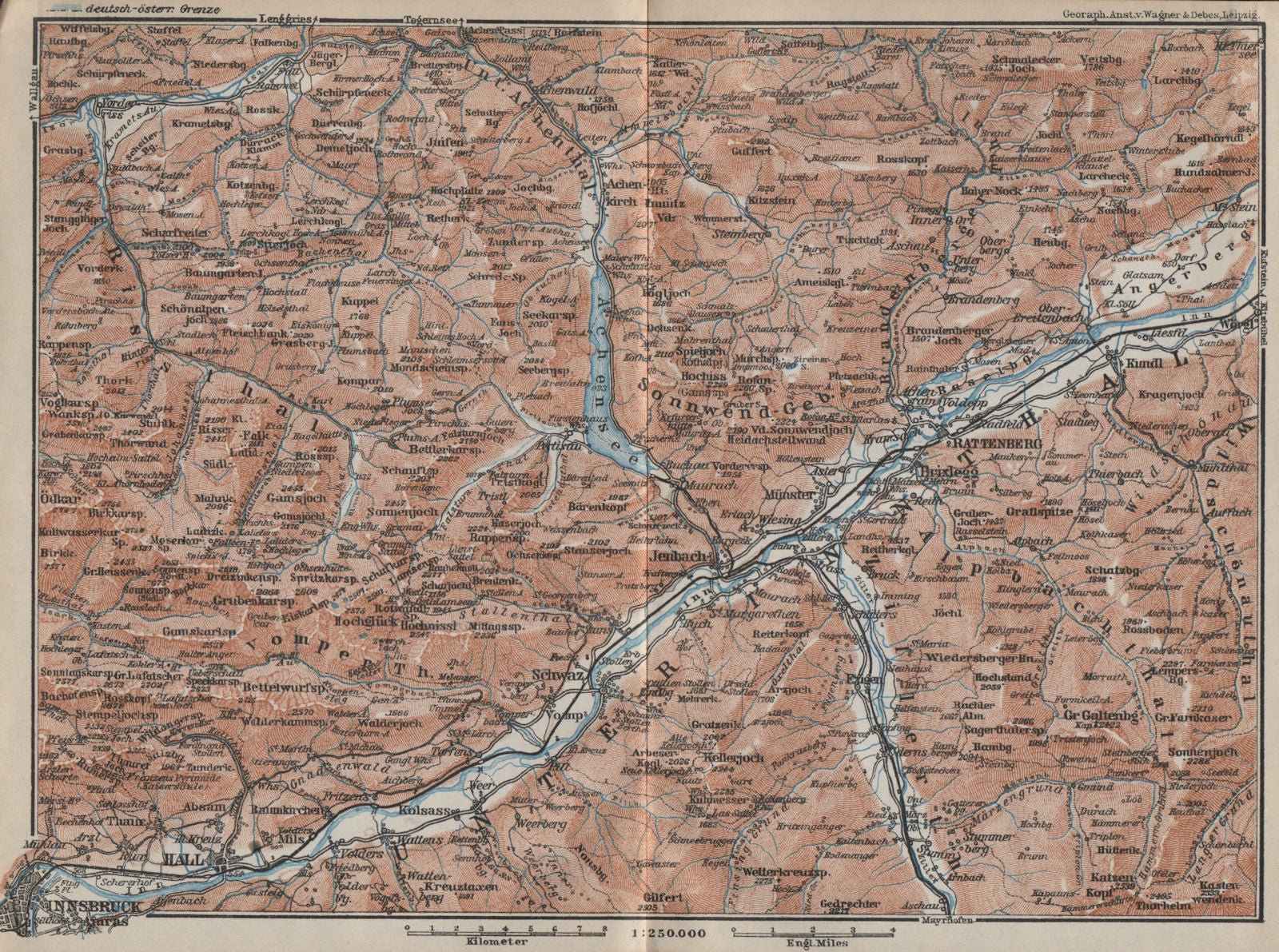 Tiroler Unterland. Unterinntal. Inn valley. Innsbruck Tyrol Jenbach 1927 map